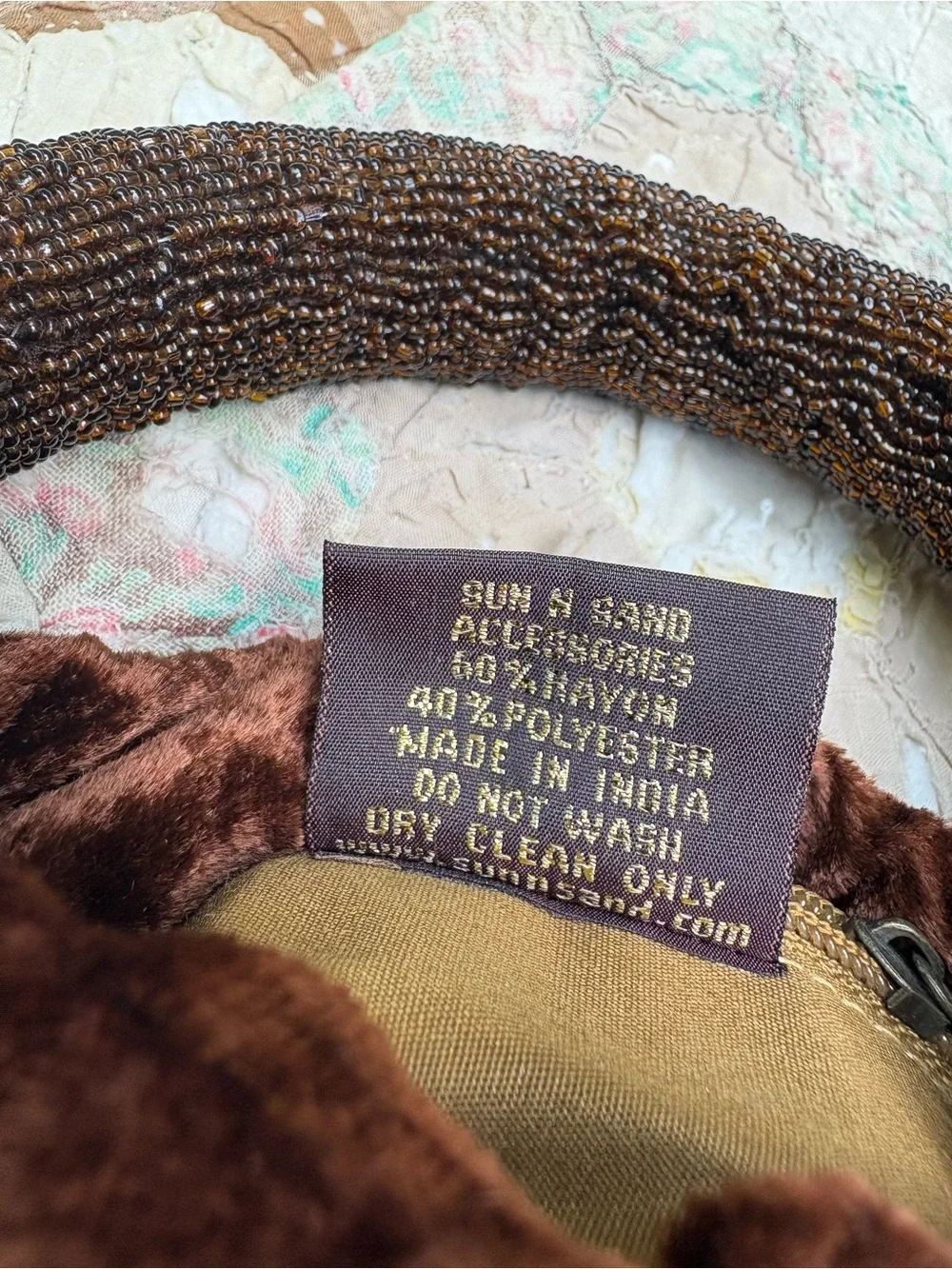Vintage Crushed Brown Velvet Clutch with Beaded Handle
